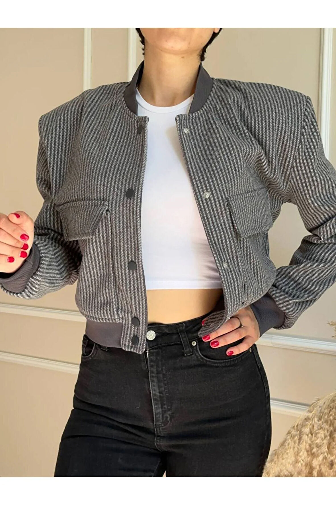 Gri Balıksırtı Vatkalı Torba Cepli Mevsimlik Bomber Ceket