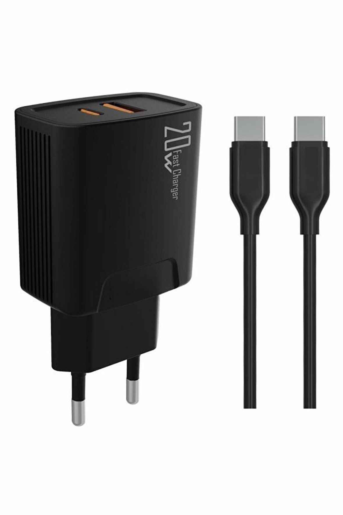 PDAteknoloji 20 watt USB + Type-C çıkışlı Hızlı Şarj Başlık Adaptör + 1m 3A Type-C to Type-C Kablo  (Yerli Üretim) KDR-42 Siyah