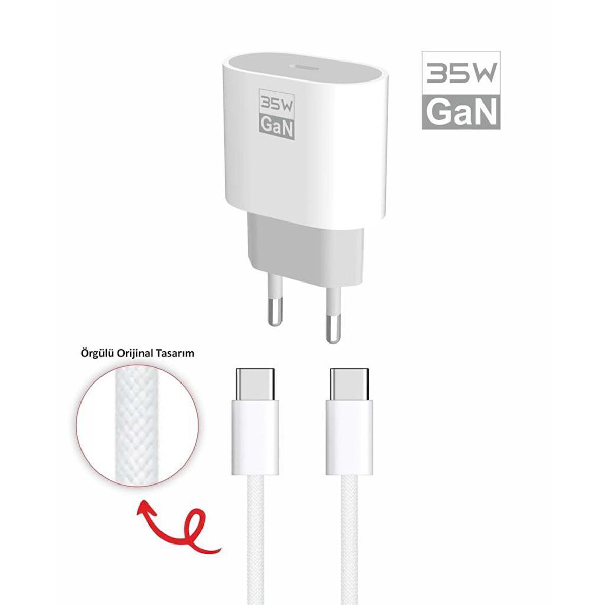 PDAteknoloji 35 watt GaN Type-C Çıkışlı Hızlı Şarj Başlık Adaptör + 1m Type-C to Type-C Hızlı Şarj Kablosu GaN Teknoloji (Yerli Üretim) A2335