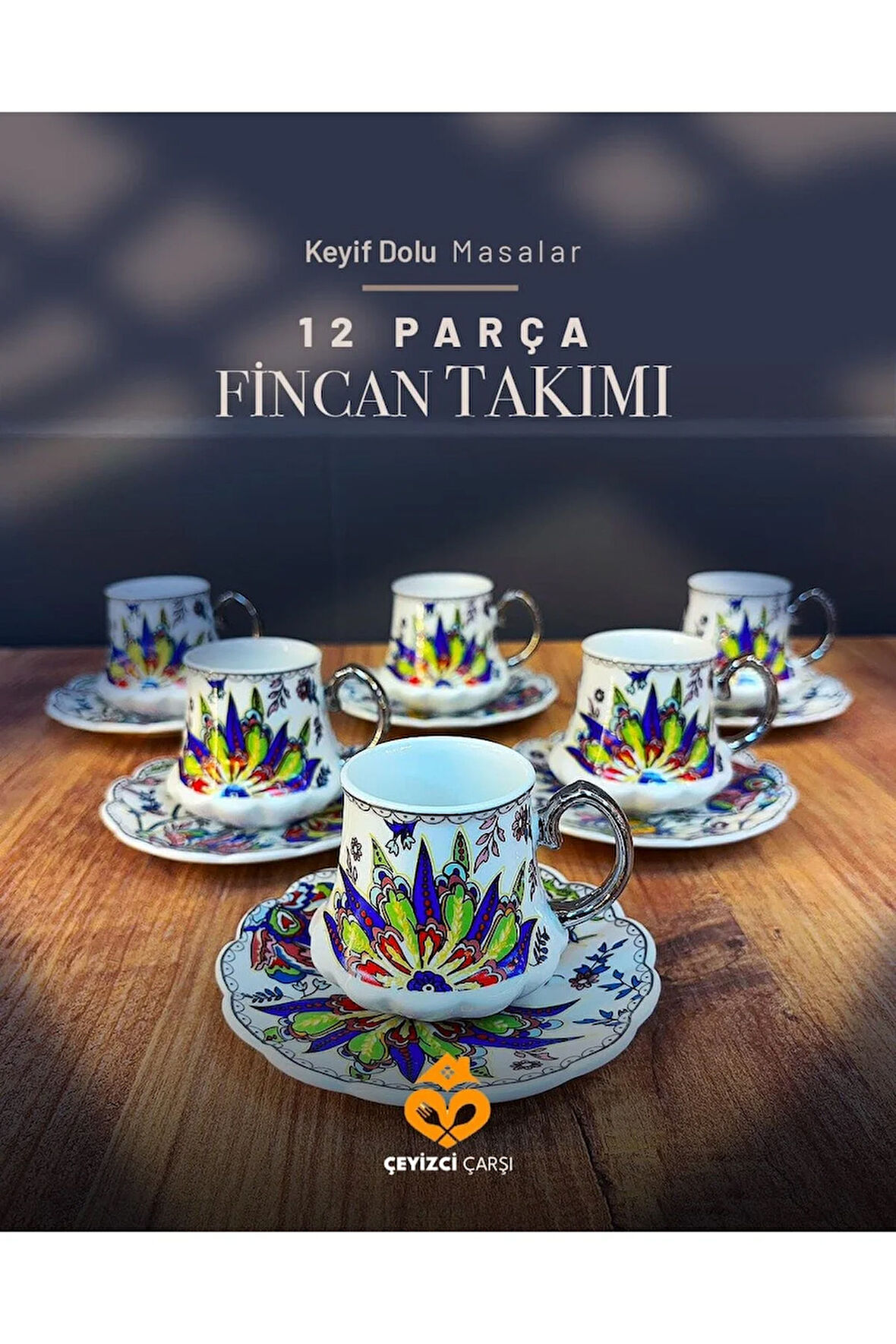 12 Parça Renkli Çini Desenli Kahve Fincan Takımı – Geleneksel Türk Motifli Şık Set