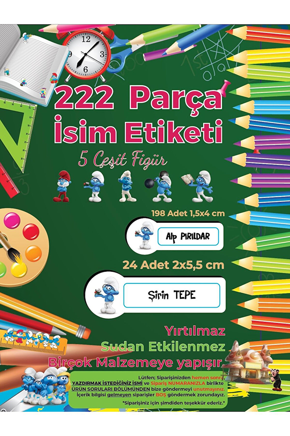 Okul Etiketi Kalem Defter Etiketi, Şirinler V3 Etiketi - 222 Adet Folyo Sticker