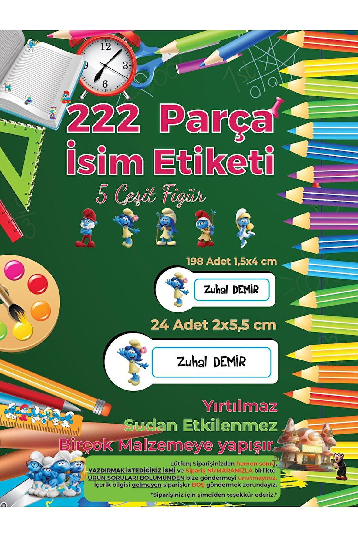 Okul Etiketi Kalem Defter Etiketi, Şirinler V4 Etiketi - 222 Adet Folyo Sticker