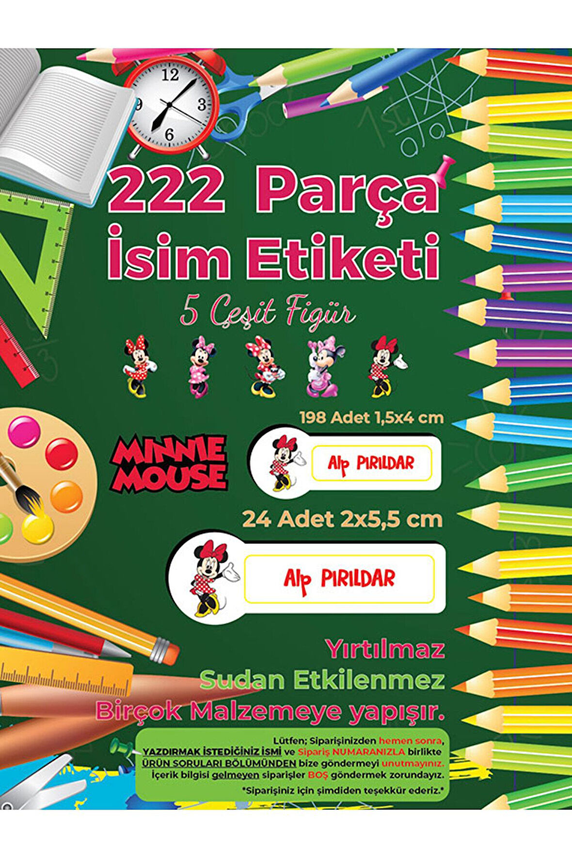 Okul Etiketi Kalem Defter Etiketi, Minnie Mouse Etiketi - 222 Adet Folyo Sticker