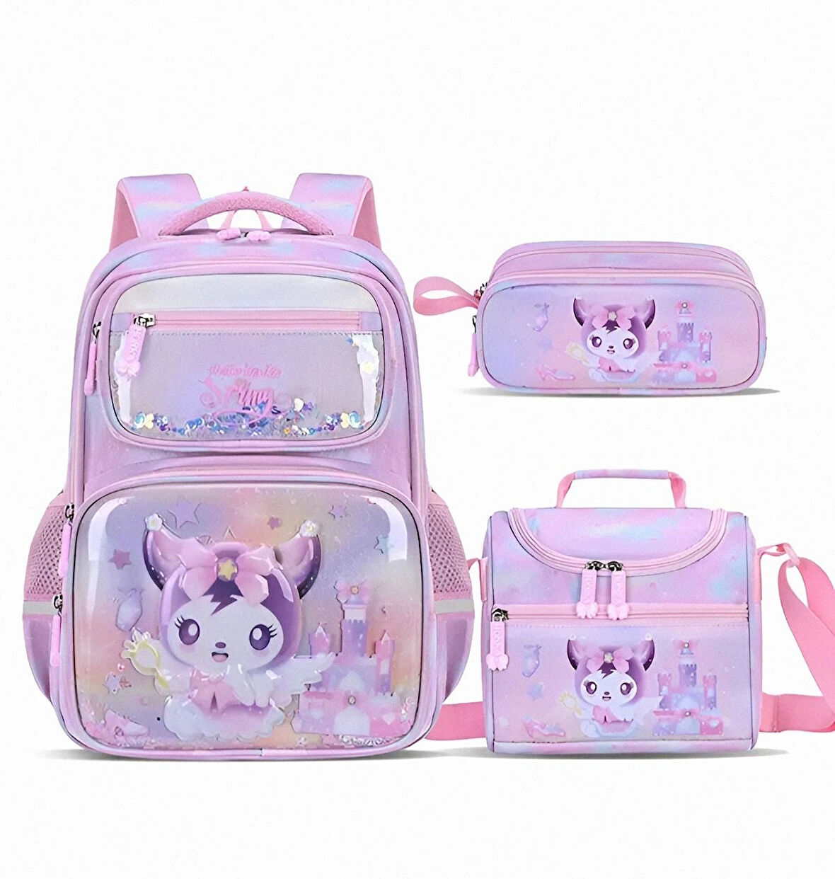 Ortopedik Kabartmalı Kuromi Kız Çocuk Büyük Boy Okul Çantası Termal Beslenme Ve Kalemlikli Set
