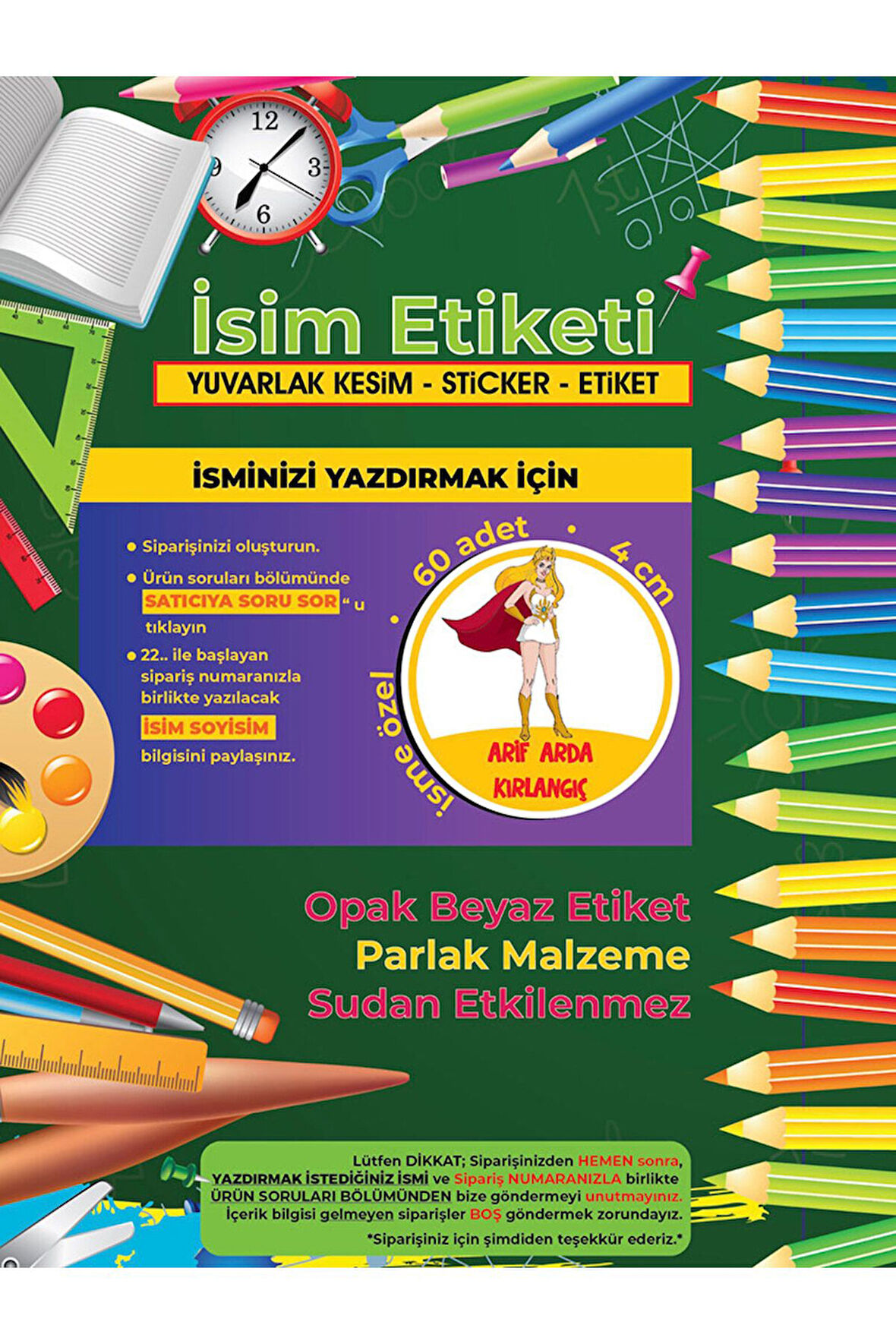 Okul Etiketi Kalem Defter Etiketi, She-Ra Okul Etiketi - 60 Adet 4cm Opak Sticker