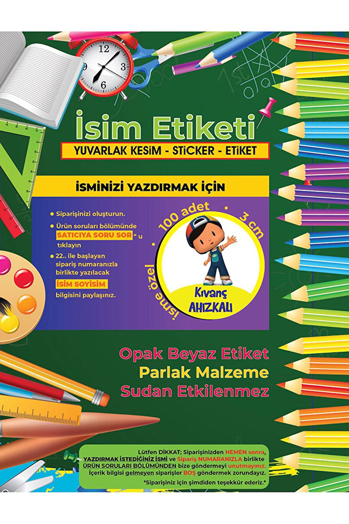 Okul Etiketi Kalem Defter Etiketi, Pepee Etiketi - 100 Adet 3cm Opak Sticker
