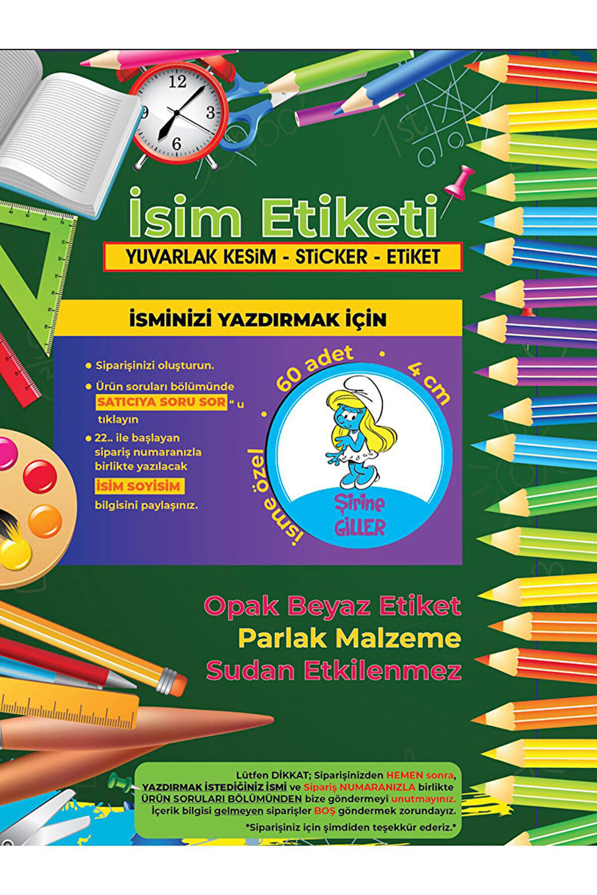 Okul Etiketi Kalem Defter Etiketi, Şirinler V2 Etiketi - 60 Adet 4cm Opak Sticker