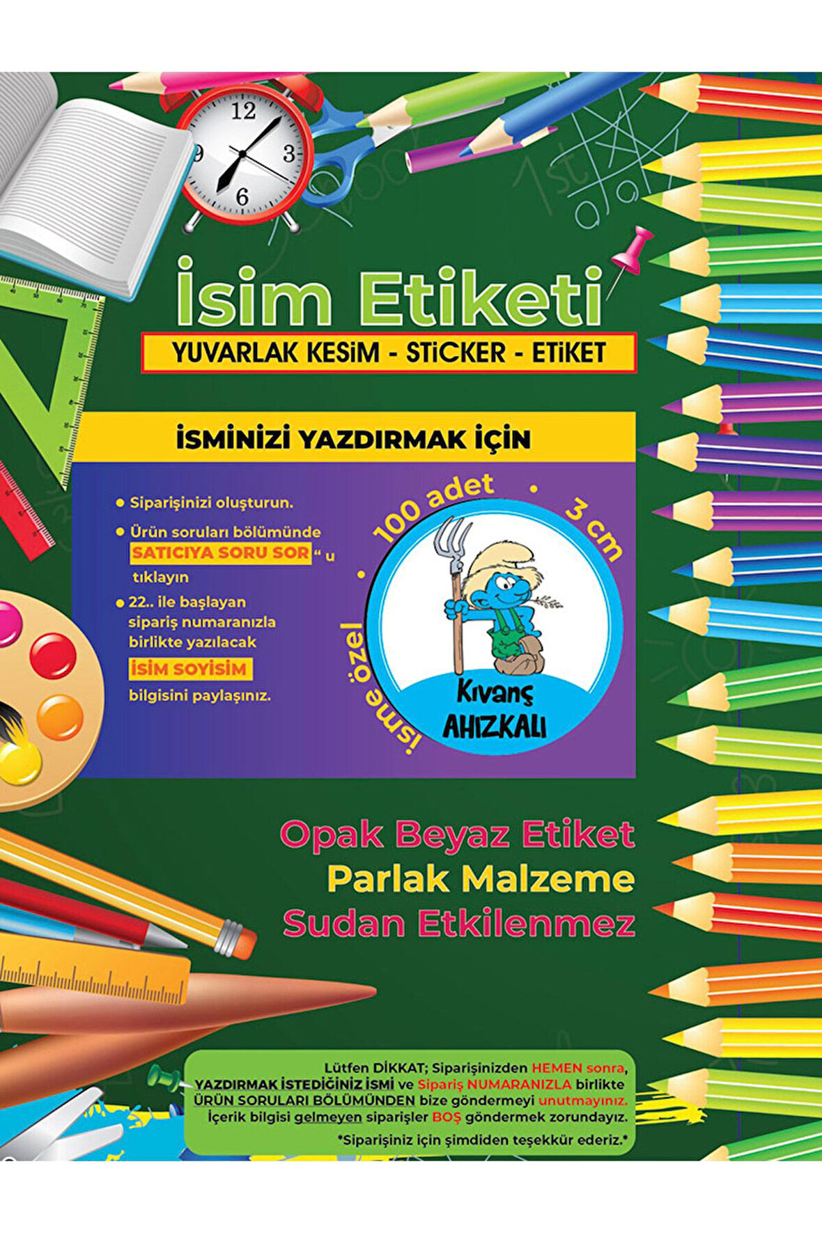 Okul Etiketi Kalem Defter Etiketi, Şİrinler V1 Etiketi - 100 Adet 3cm Opak Sticker