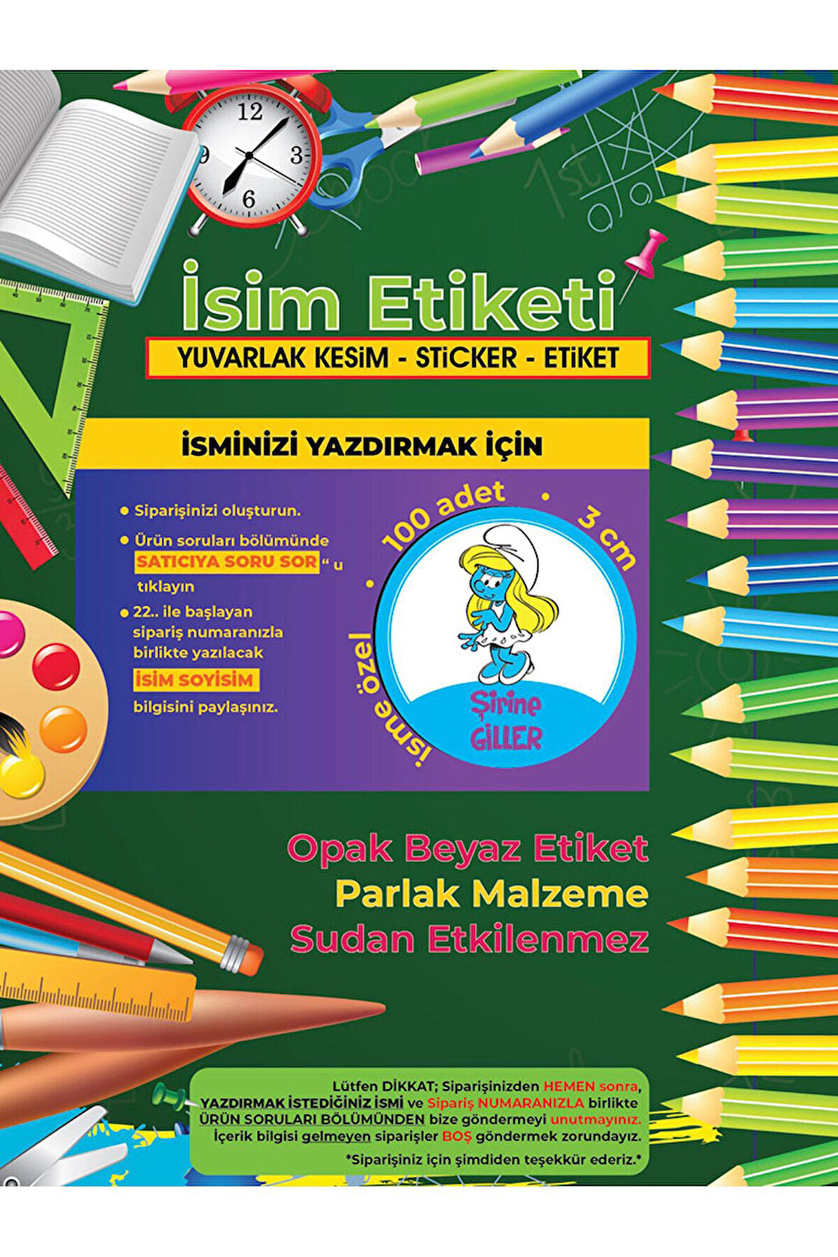 Okul Etiketi Kalem Defter Etiketi, Şirinler V2 Etiketi - 100 Adet 3cm Opak Sticker