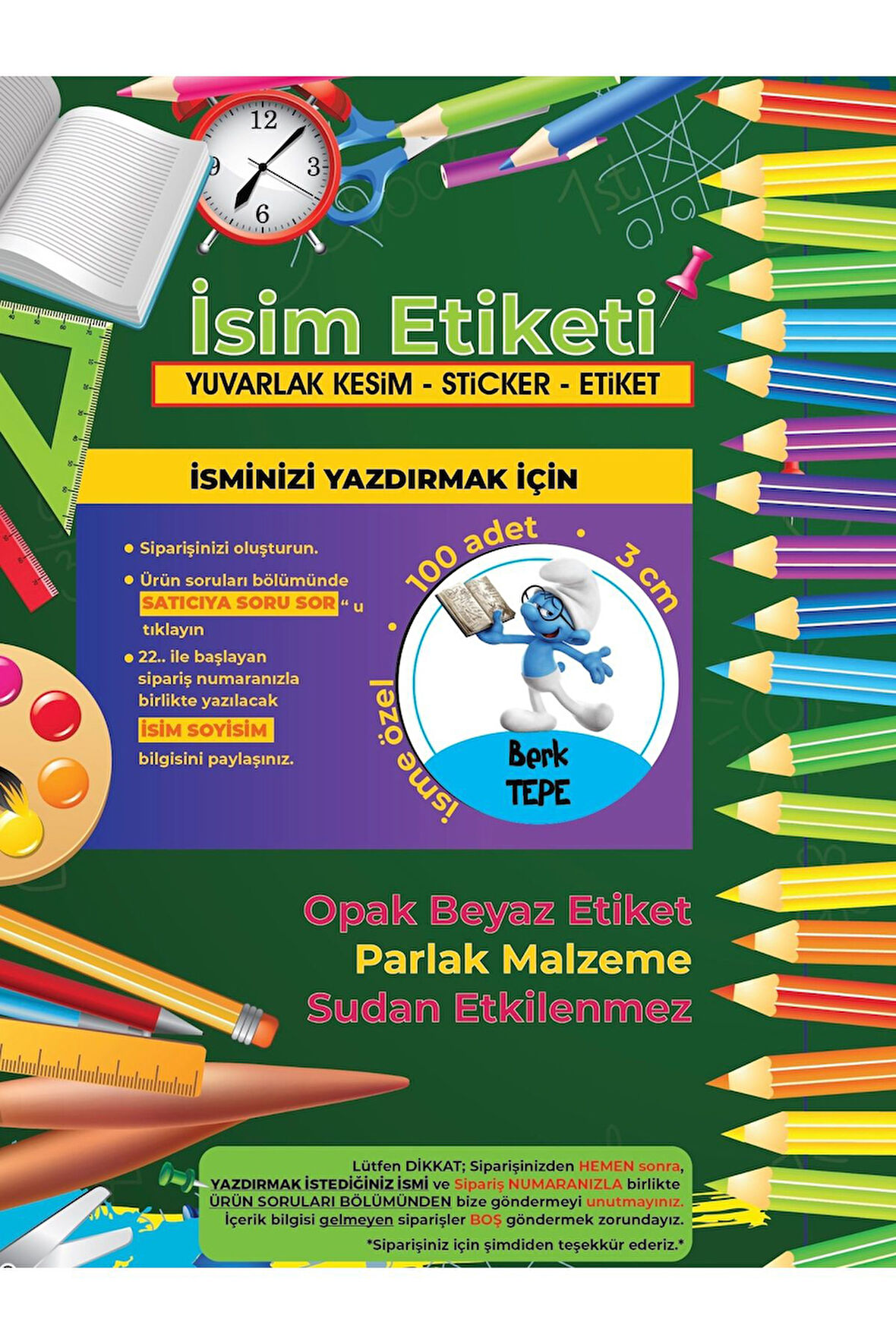 Okul Etiketi Kalem Defter Etiketi, Şirinler V3 Etiketi - 100 Adet 3cm Opak Sticker