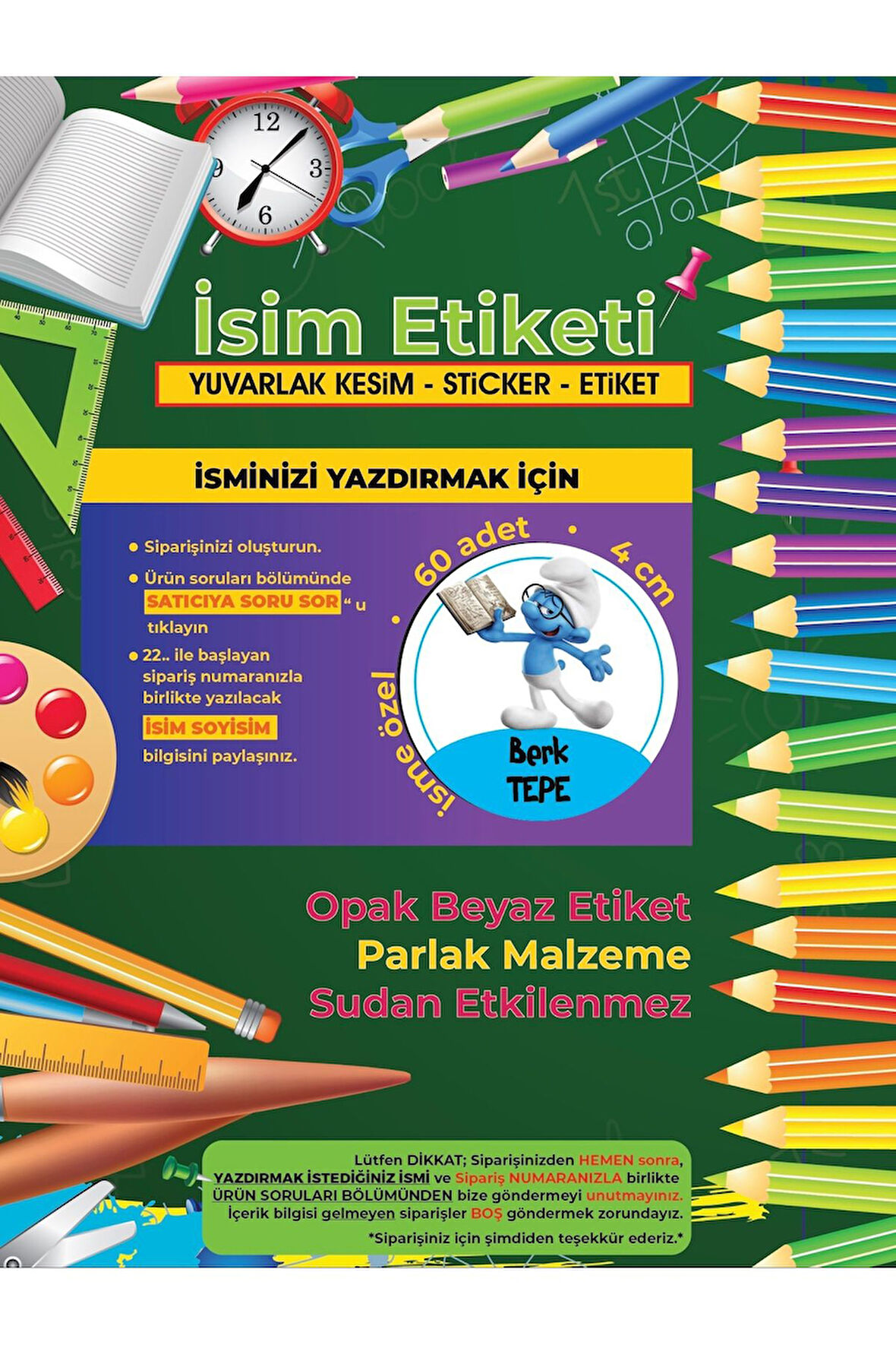 Okul Etiketi Kalem Defter Etiketi, Şirinler V3 Etiketi - 60 Adet 4cm Opak Sticker
