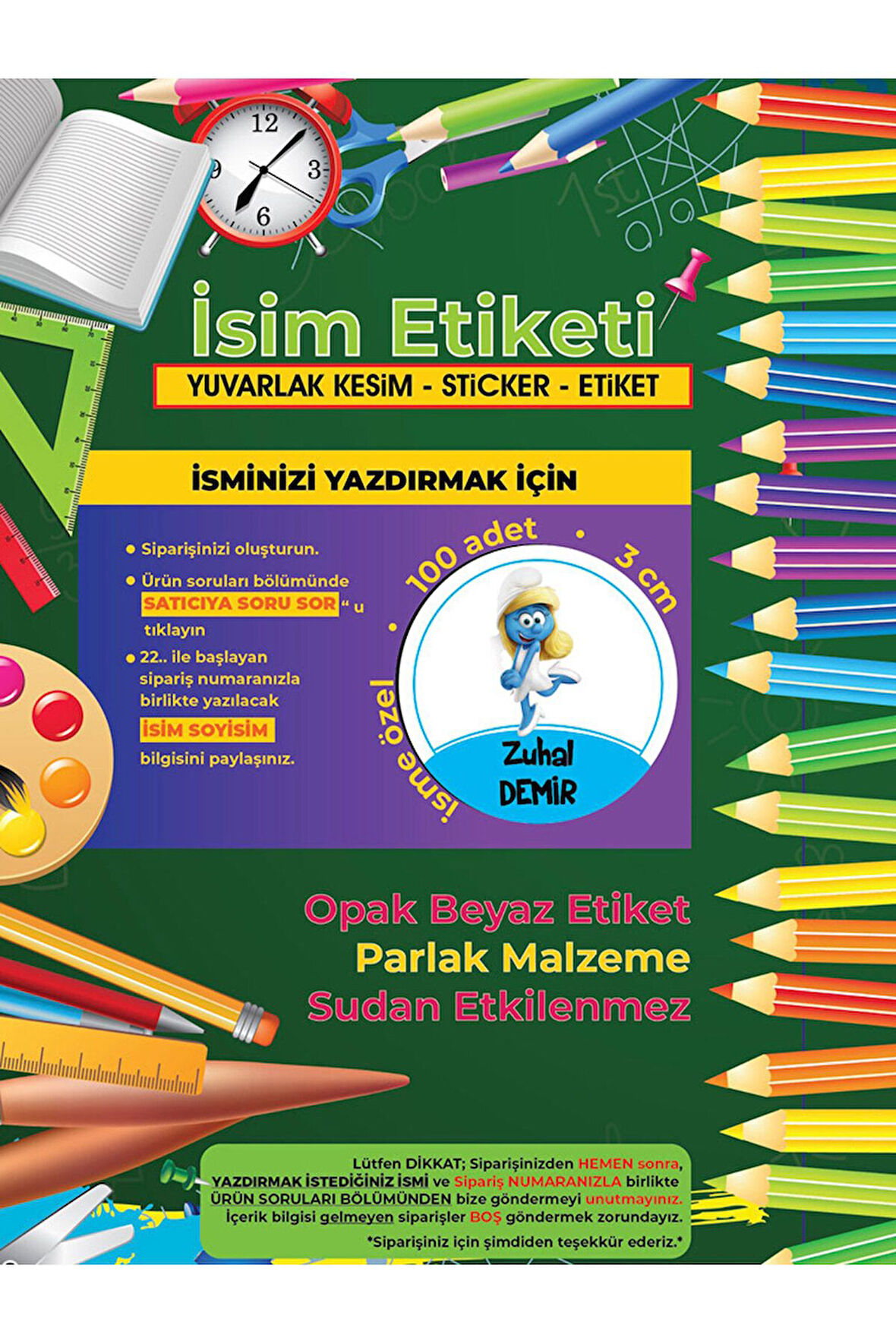 Okul Etiketi Kalem Defter Etiketi, Şirinler V4 Etiketi - 100 Adet 3cm Opak Sticker