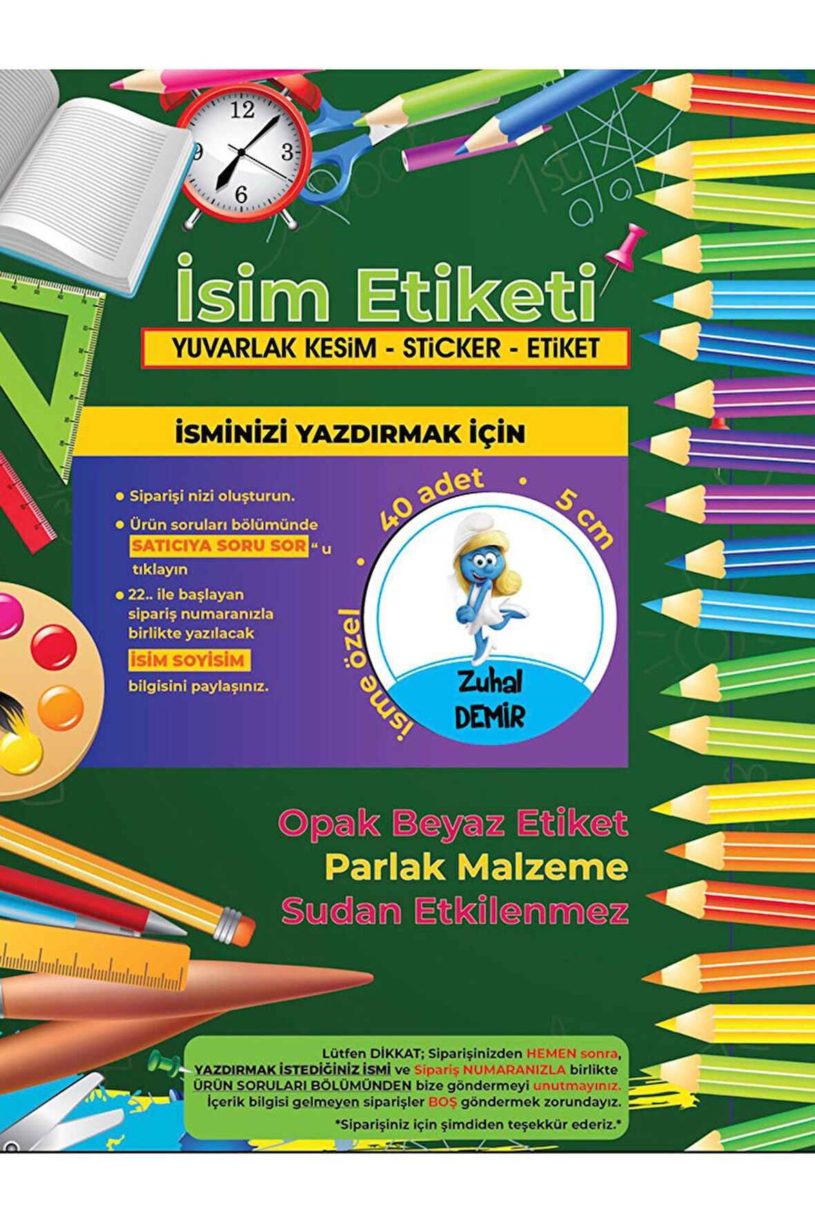 Okul Etiketi Kalem Defter Etiketi, Şirinler V4 Etiketi - 40 Adet 5cm Opak Sticker