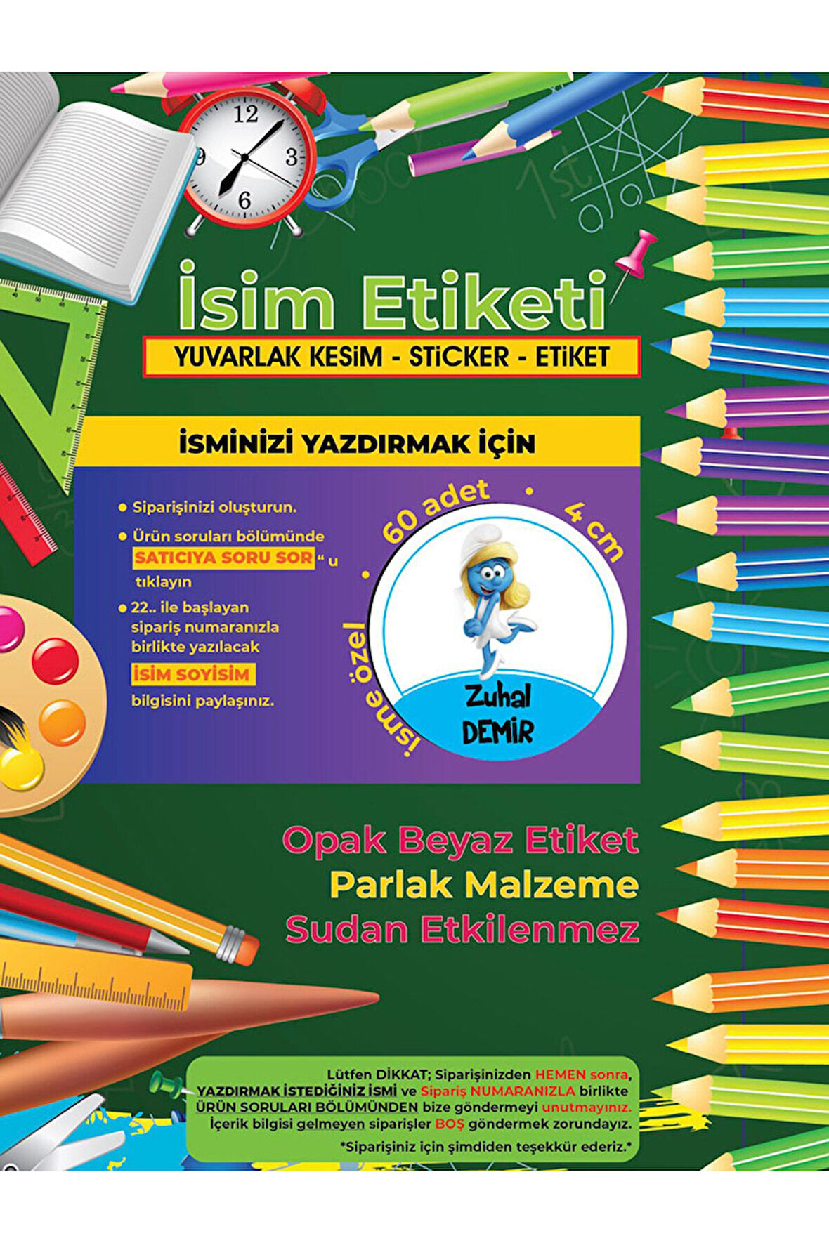 Okul Etiketi Kalem Defter Etiketi, Şirinler V4 Etiketi - 60 Adet 4cm Opak Sticker
