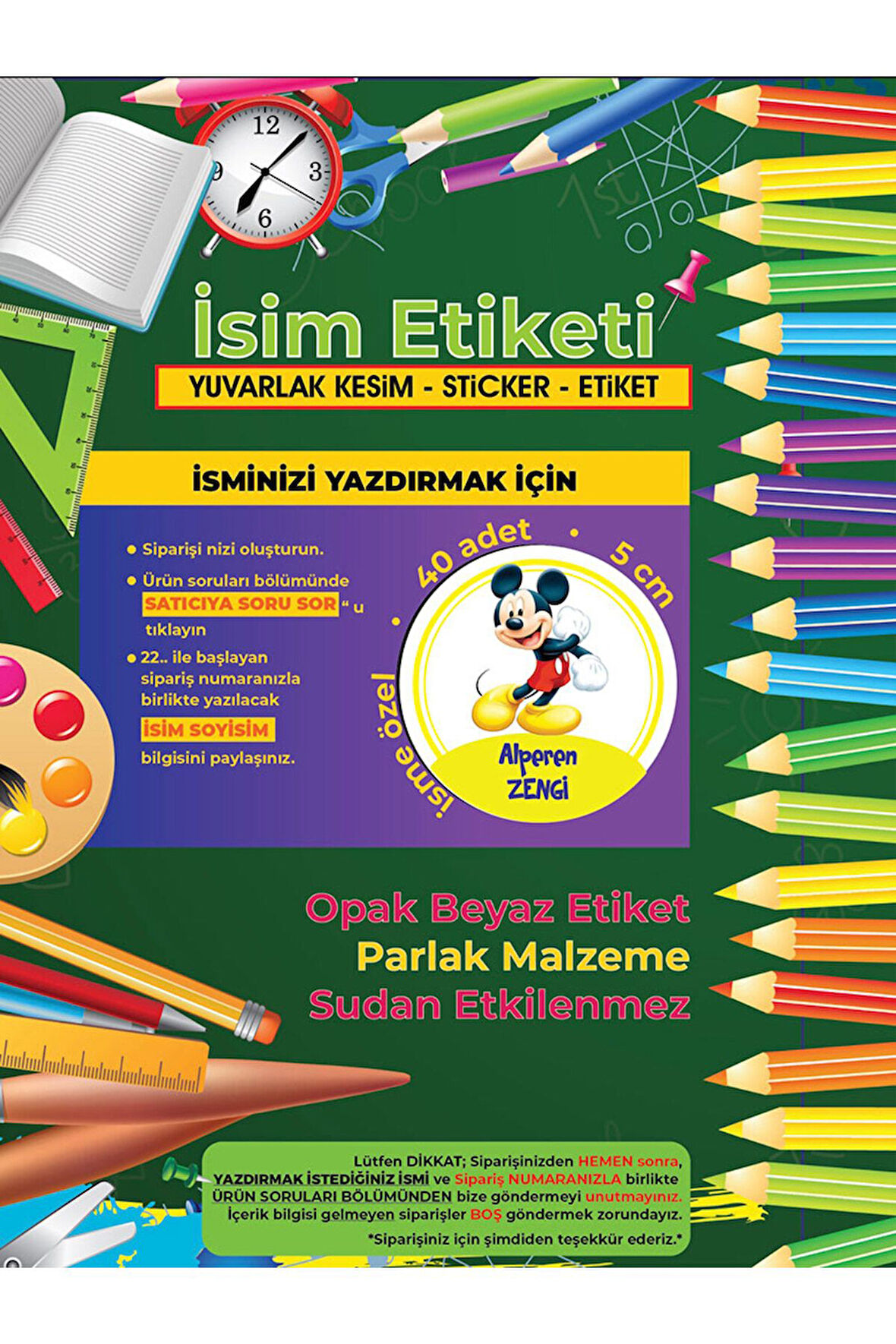 Okul Etiketi Kalem Defter Etiketi, Mickey Mouse Etiketi - 40 Adet 5cm Opak Sticker