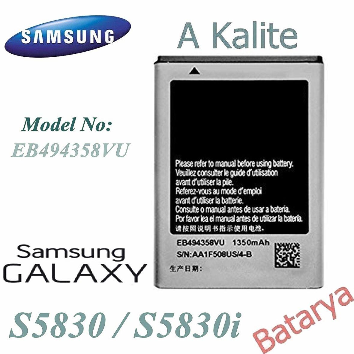 Samsung Galaxy Ace S5830 S5660 S5670 S5830İ Batarya Eb494358Vu A