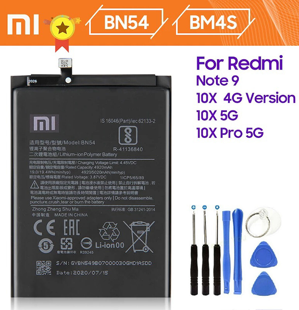 Xiaomi Redmi 10X/10X Pro Batarya Pil BN4S(BN54) + Tamir Seti