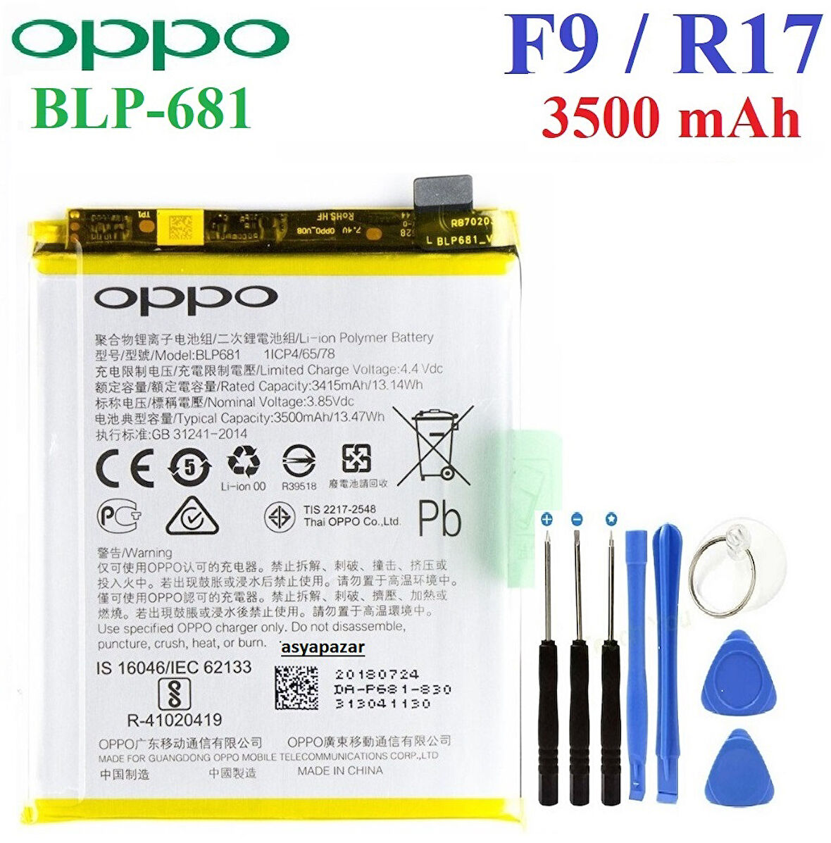 Oppo F9 / R17 Pil Batarya BLP681 + Tamir Seti
