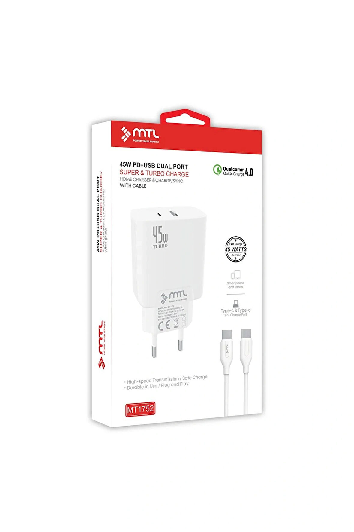 45w Turbo Pd Type-c To Type-c Ve Usb Çift Girişli Şarj Adaptörü Qc 4.0 Mt1752