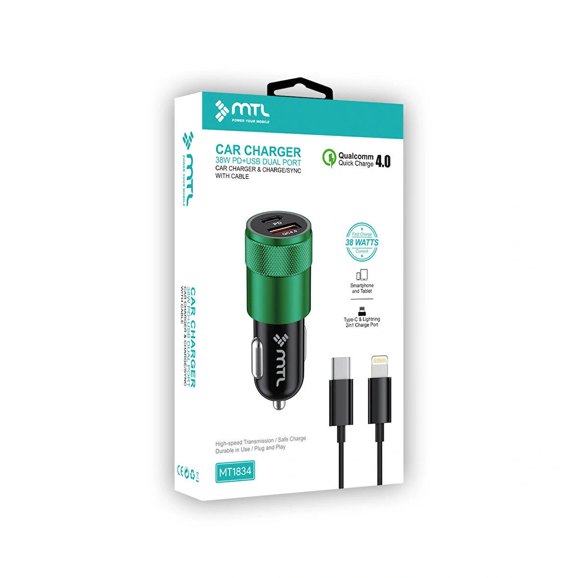 Araç Şarj Cihazı 38 W PD + QC 4.0 Çift Çıkışlı + Type‑C to Lightning 1 m Kablo – Yeşil Metal MT1834