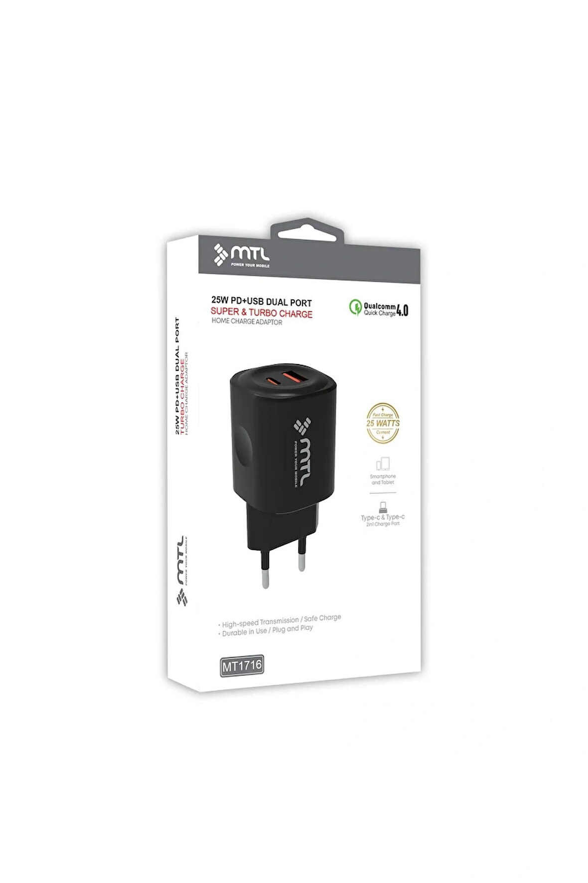 25W PD Type-C ve USB Çift Giriş Şarj Adaptörü MT1716