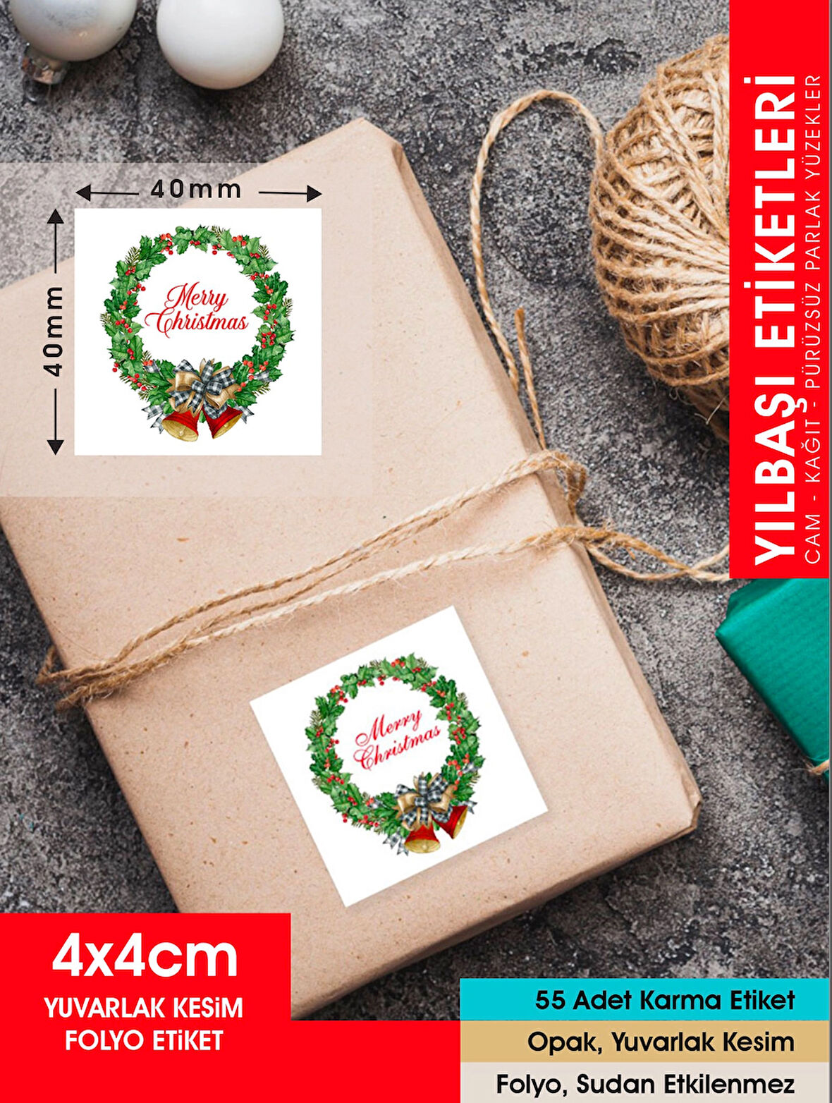 Yılbaşı Çelenk Etiket - 1 , Merry Christmas, 4 Cm - 55 Adet Folyo Sticker