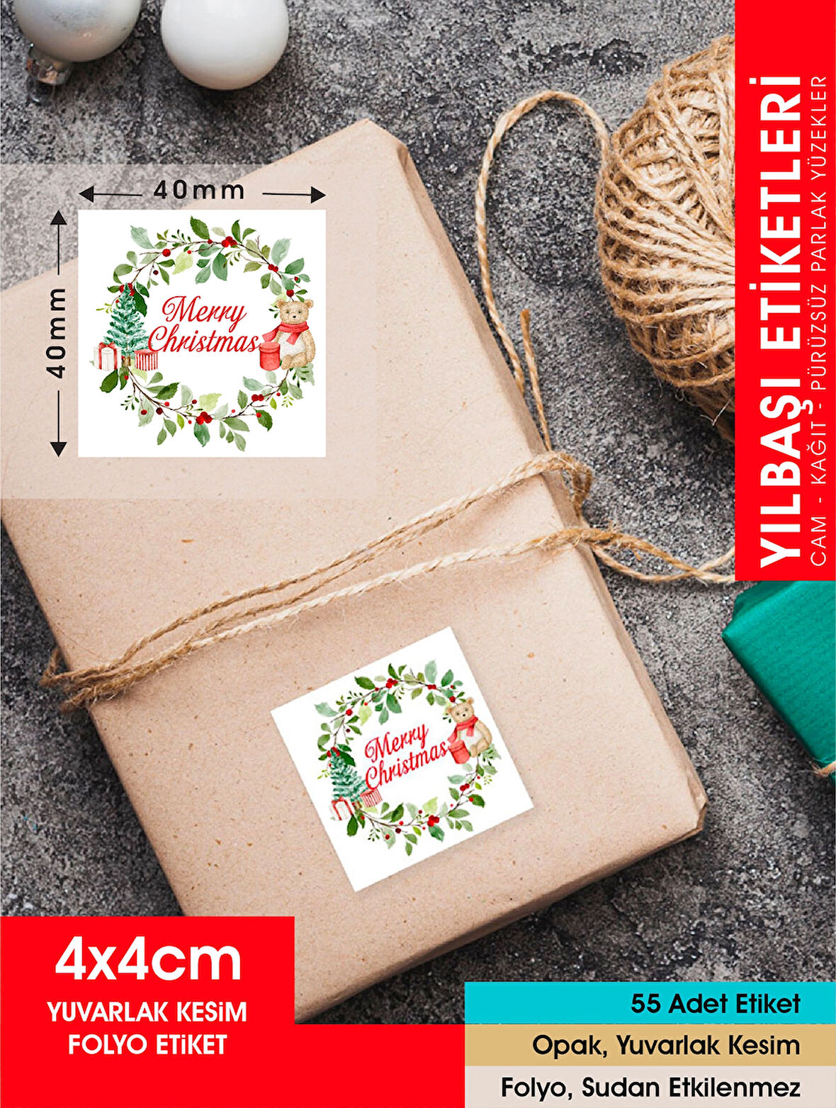 Yılbaşı Etiket Ayıcıklı-1, Merry Christmas, 4 Cm-55 Adet Folyo Sticker