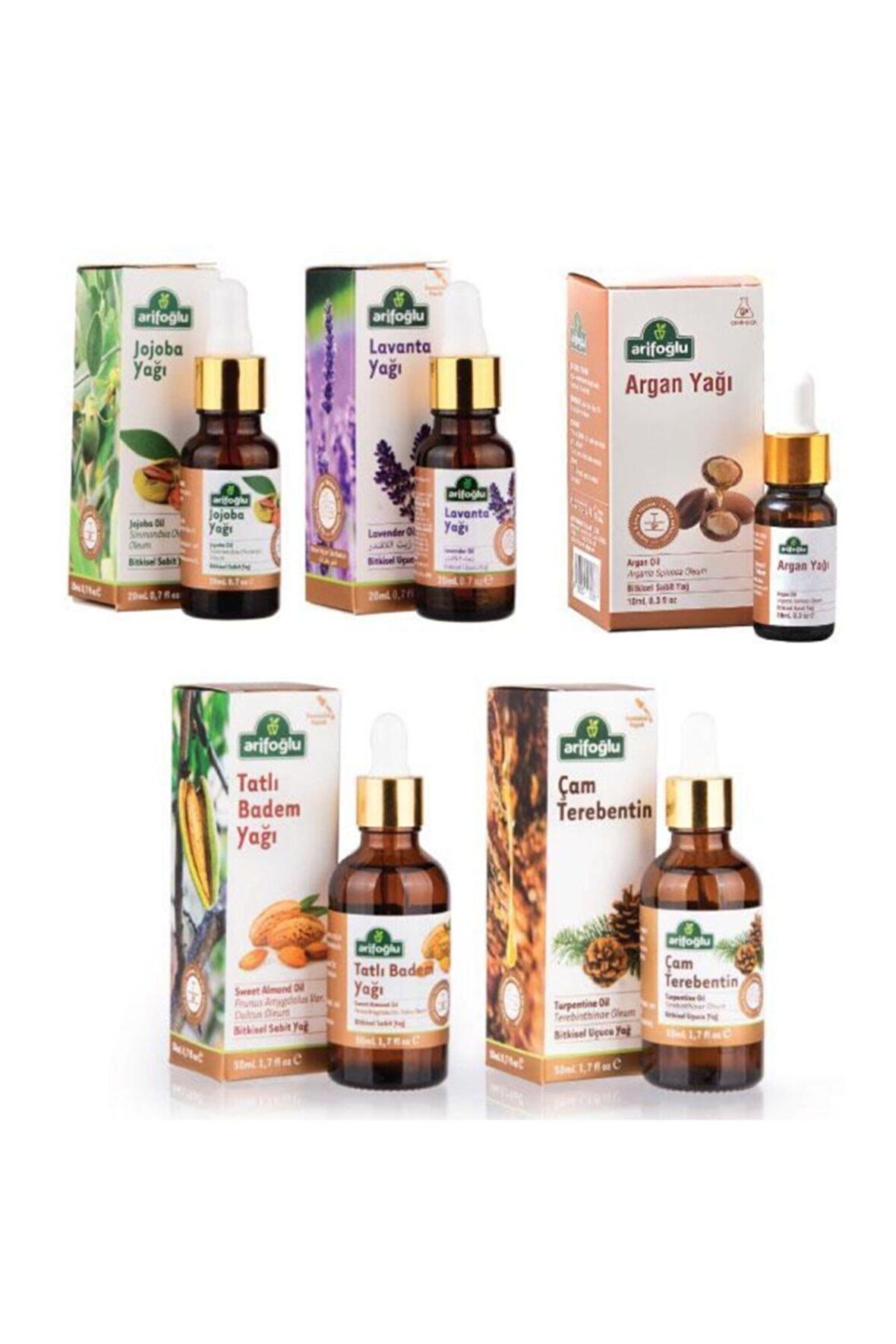 Arifoğlu Lavanta Yağı 20ml + Badem Yağı 50ml + Jojoba Yağı 20ml + Argan Yağı 10ml + Çam Terebentin 50ml