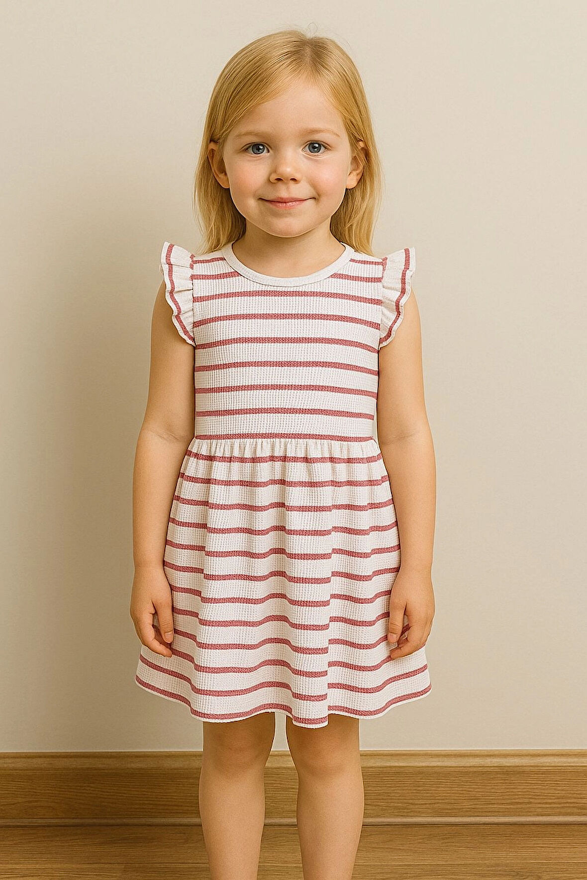 Waffle Kumaş Çizgili Kız Çocuk Elbise  50977