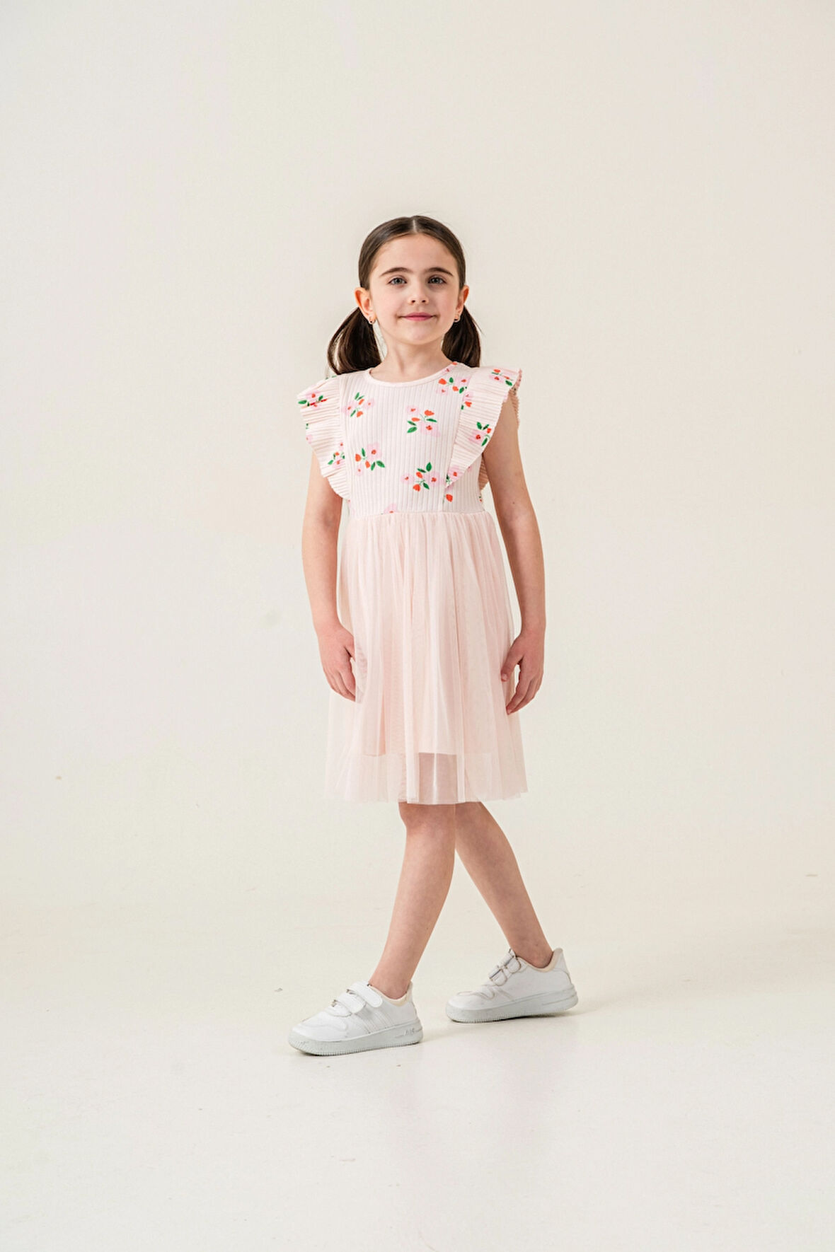 Çiçek Desenli Fırfırlı Kız Çocuk Elbise 009