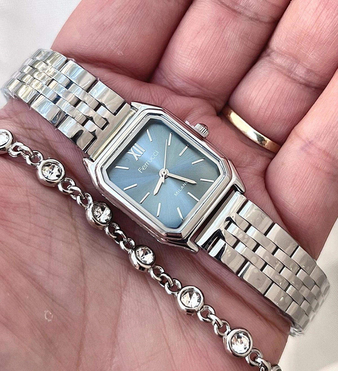 Ferrucci Milano Minimal Kare Kadran Çelik Kadın Kol Saati+Bileklik Hediyeli