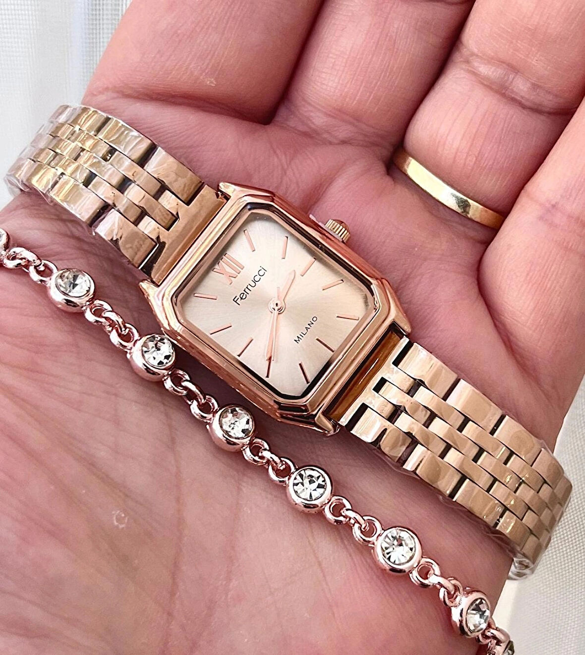 Ferrucci Milano Minimal Kare Kadran Çelik Kadın Kol Saati+Bileklik Hediyeli