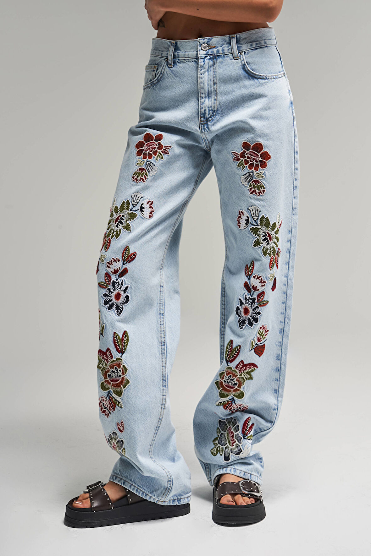 Kadın Snow Kot Rengi 4S5-3 Çiçek Nakışlı Loose Fit %100 Koton Tasarım Denim Jean