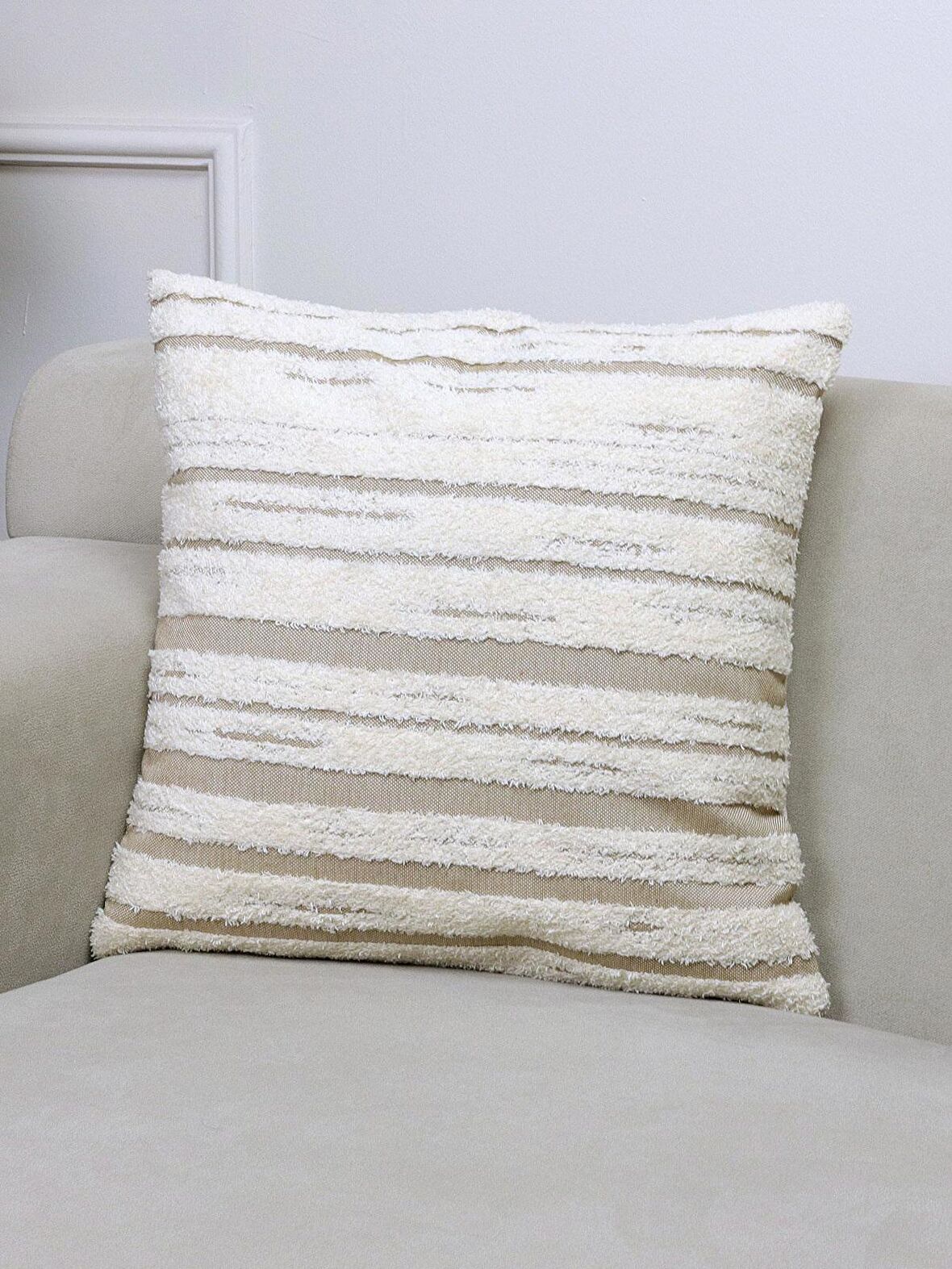 Aida Krem Renk Kabartma Desenli 43x43cm Dikdörtgen Kırlent Kılıfı