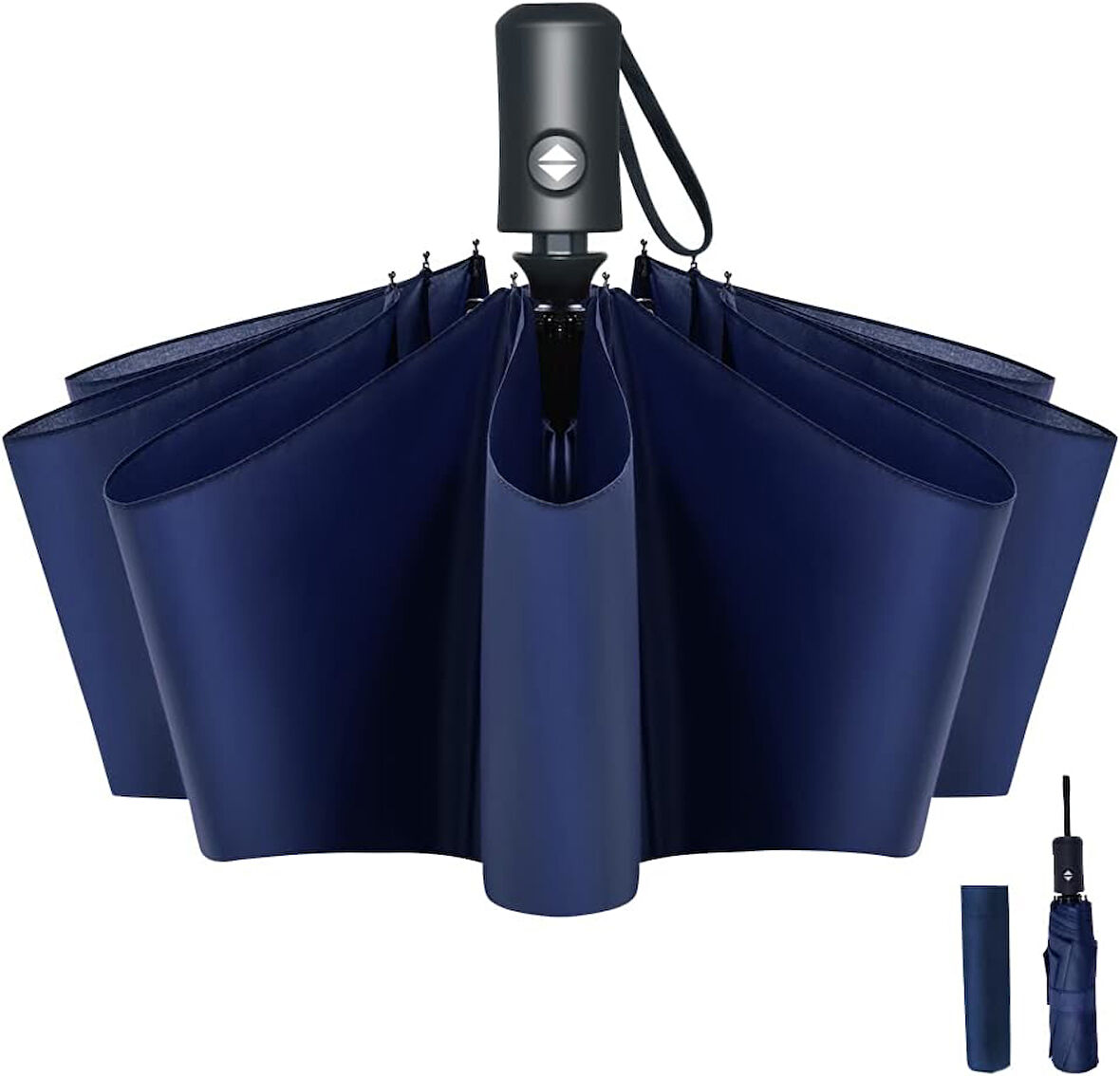 LED Işıklı Otomatik Katlanabilir Şemsiye – Mavi, Rüzgara Dayanıklı, Su Geçirmez