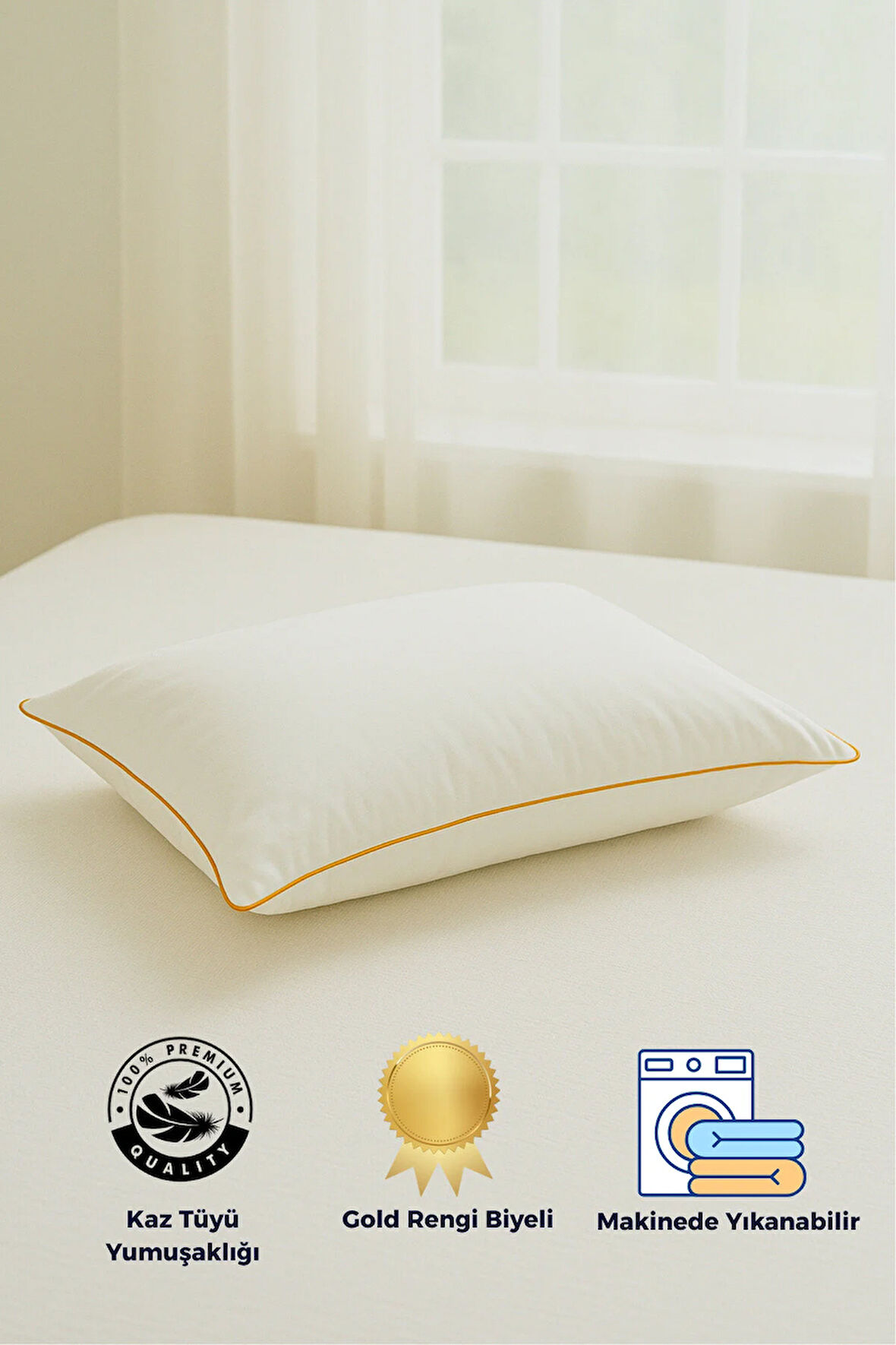 Gold Rengi Biyeli Nanojel Yastık 1100 gram 50x70 cm 1 adet, Lüks Otel Yastığı