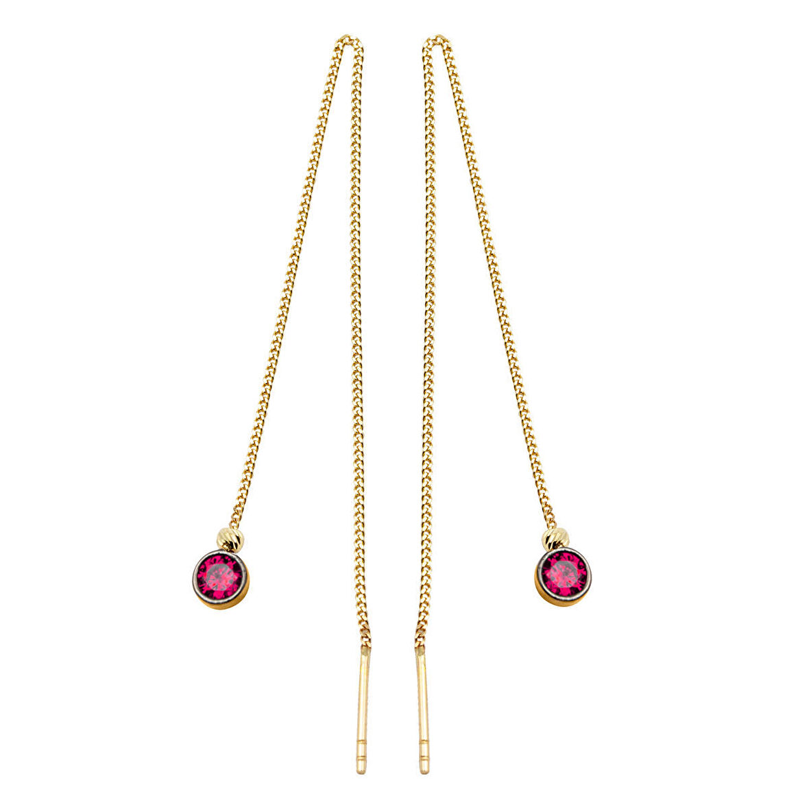 Fuşya Taşlı 14 Ayar Altın Zincir Küpe