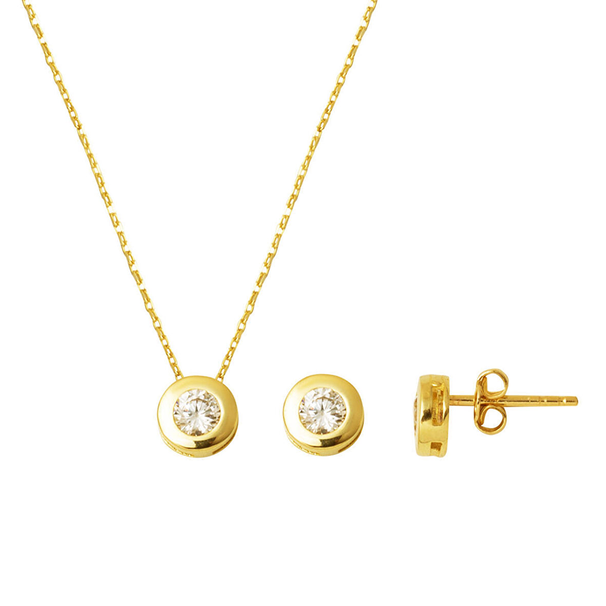 Yuvarlak Tek Taşlı 14 Ayar Altın Takı Seti