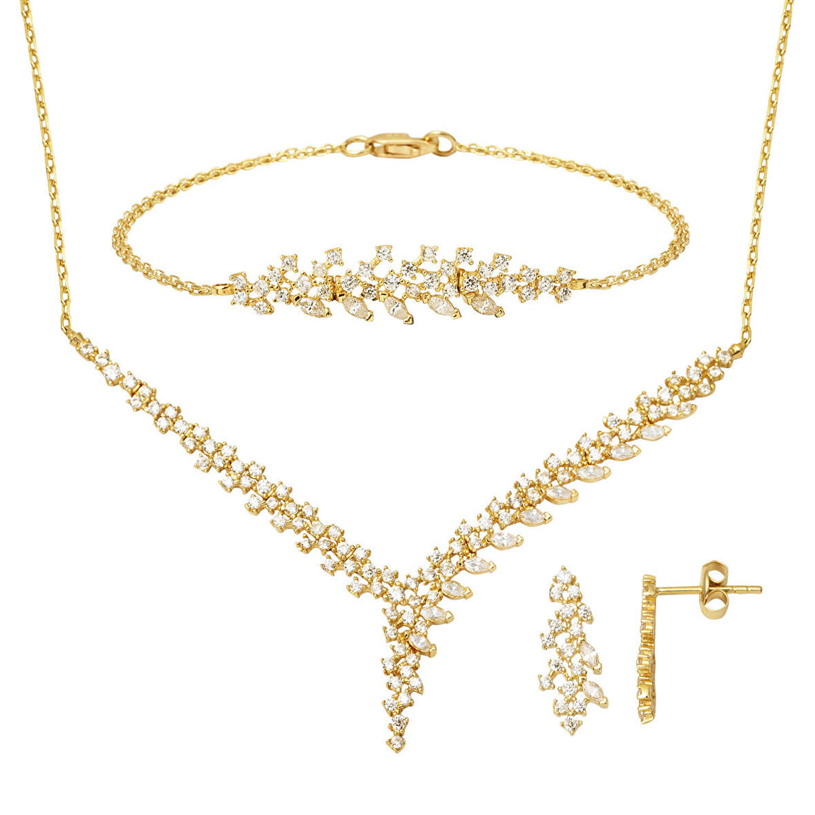 14 Ayar Markiz Taşlı Tasarım Altın Üçlü Set