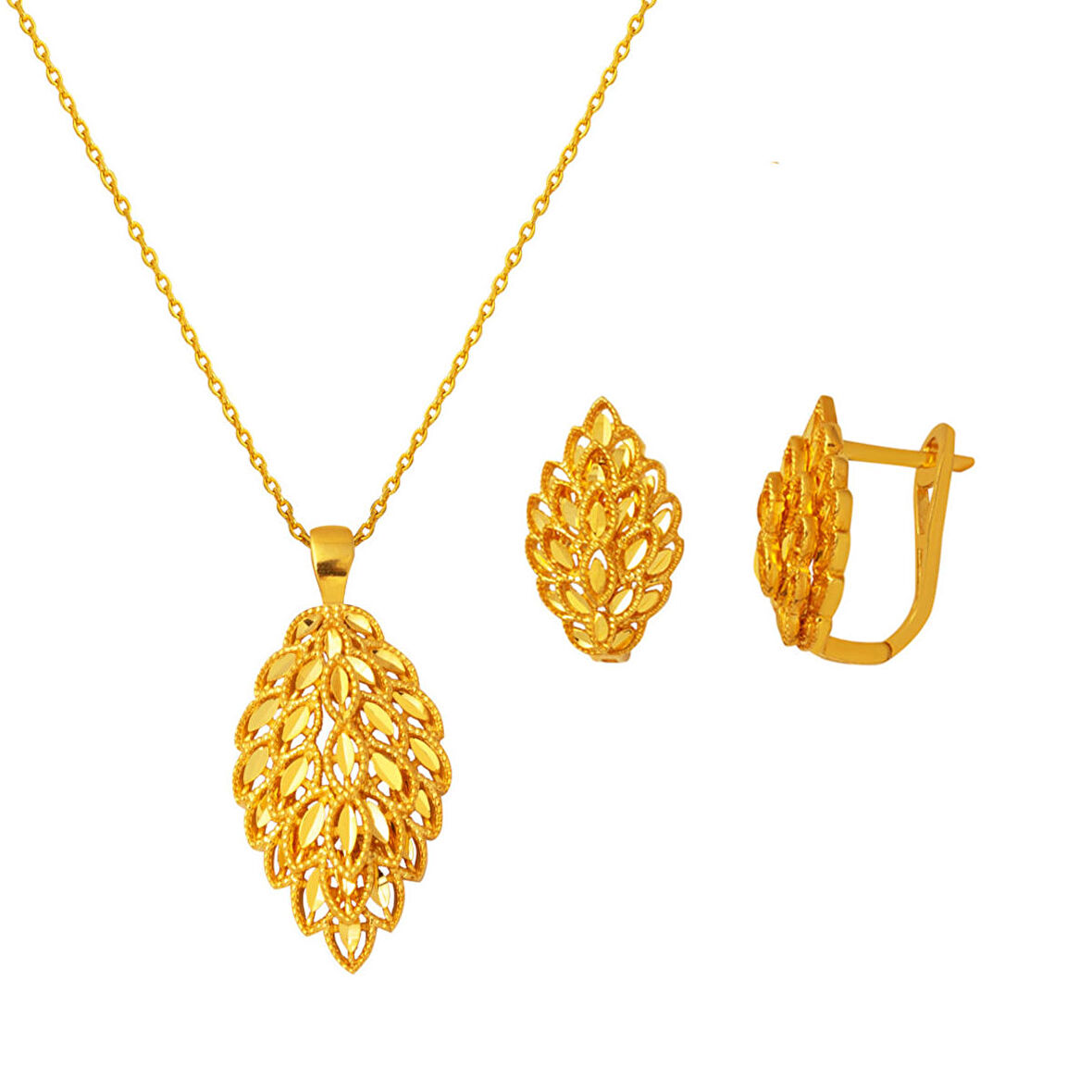 Yapraklı Kolye Küpeli 22 Ayar Altın Takı Seti