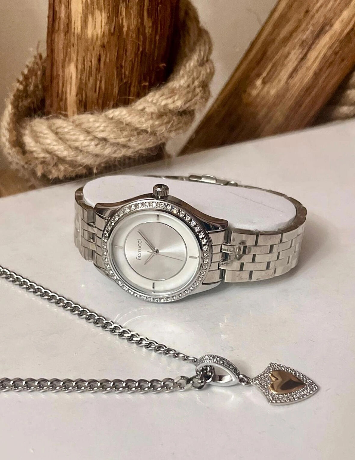 Ferrucci Silver Çelik Şık Kadın Kol Saati+%100 Çelik Kolye Hediye