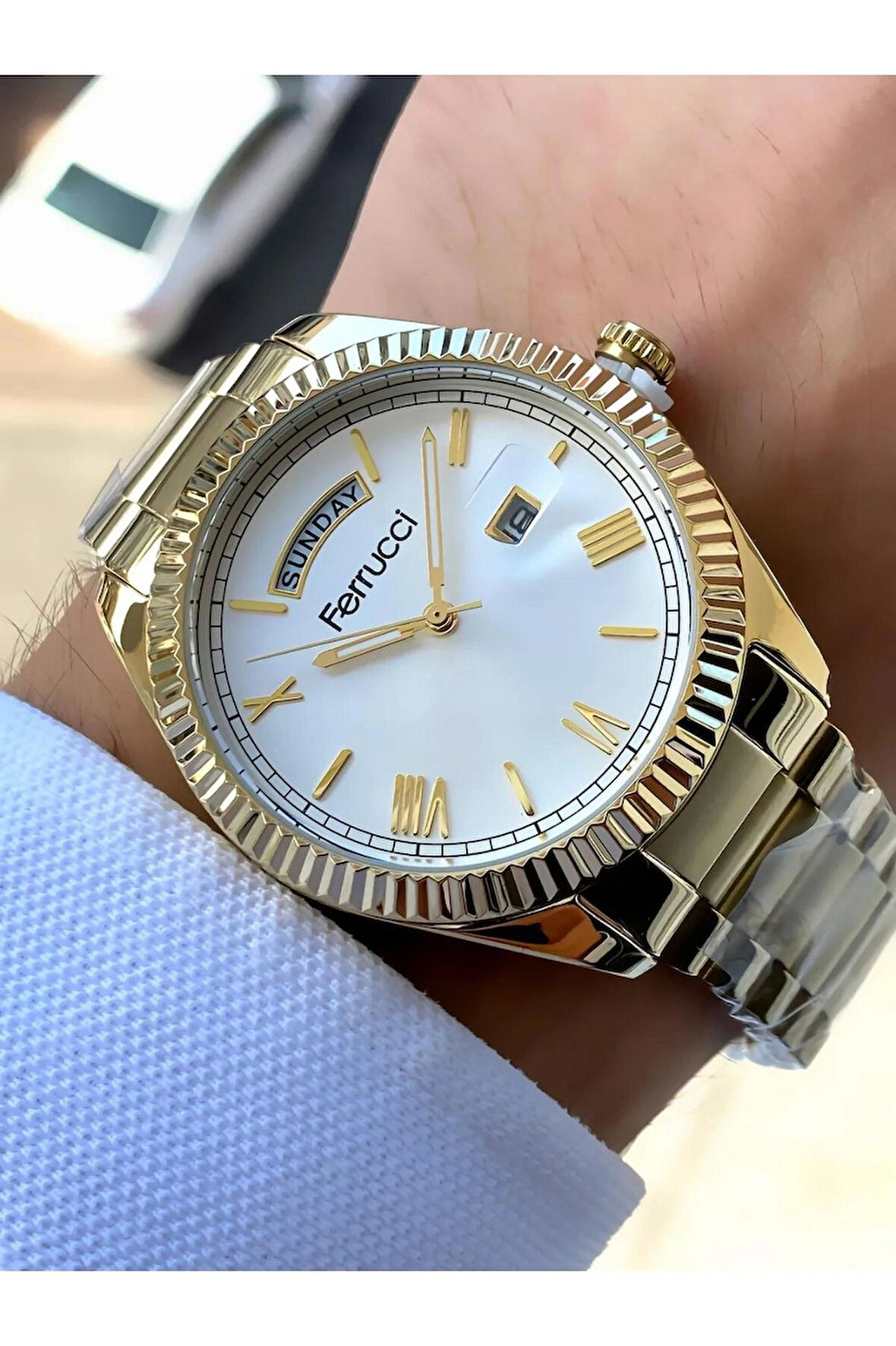 Ferrucci Gün&Tarih Göstergeli Çelik Erkek Kol Saati Altın Renk