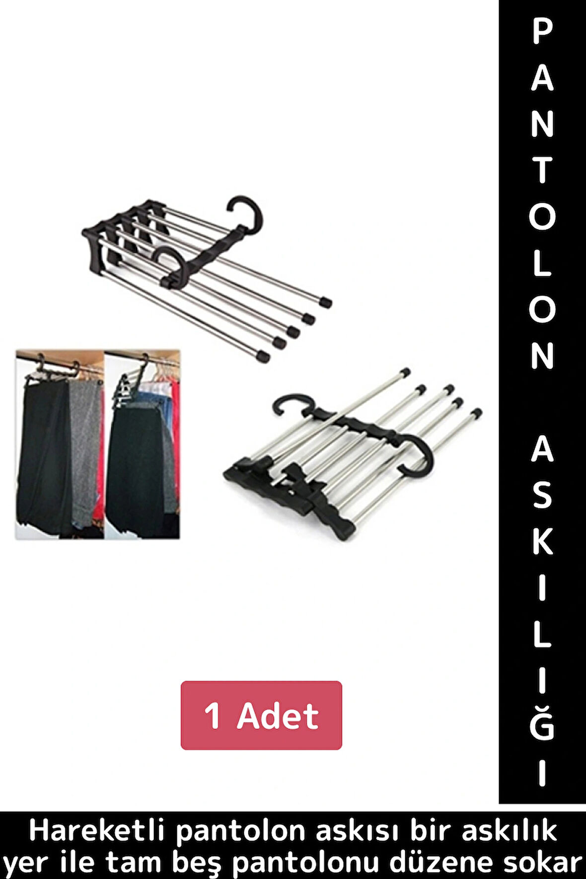 Kompakt Yer Tasarruflu Kemer Pantolon Eşarp Gardırop Dolap İçi 5 in 1 Hareketli Pantolon Askılığı