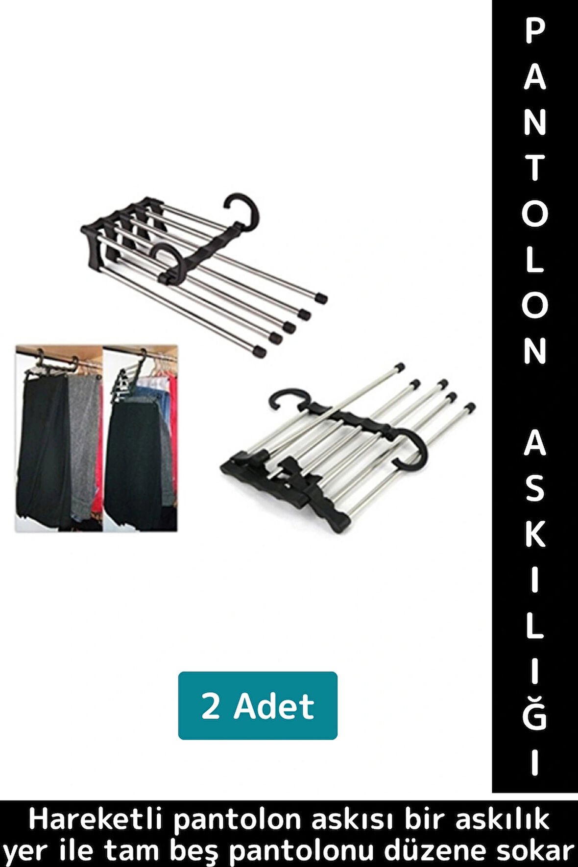 Kompakt Yer Tasarrufu Kemer Pantolon Eşarp Gardırop Dolap 5 in 1 Hareketli Pantolon Askılığı 2 Adet