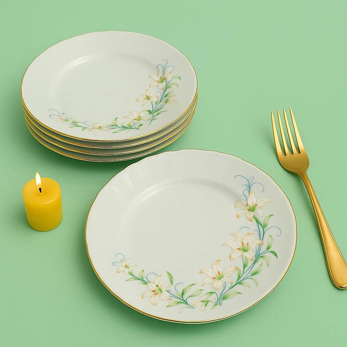 Diana Çiçekli Altın Yaldızlı 6'lı Pasta Tabağı 