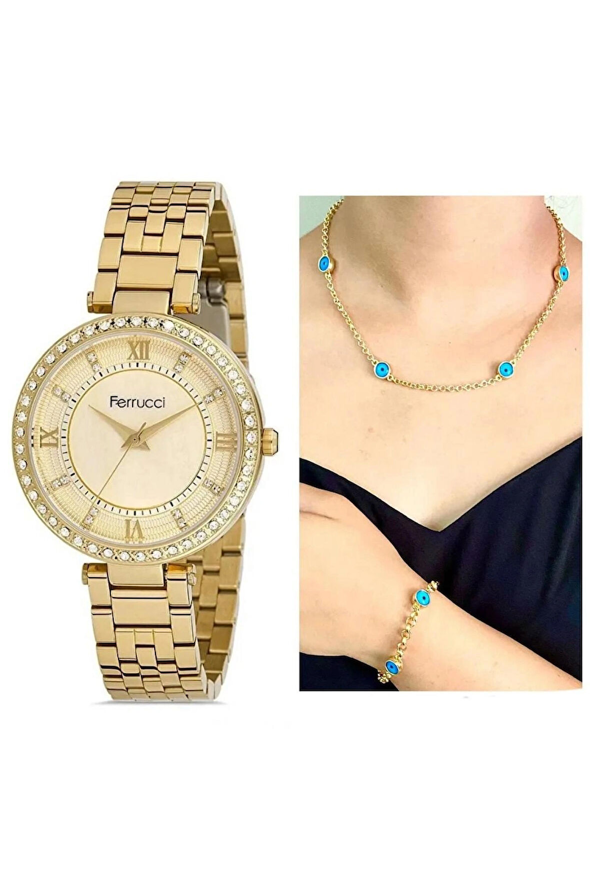 Ferrucci Gold Çelik Zirkon Taşlı Şık Kadın Kol Saat+Nazarlıklı Set Hediyeli
