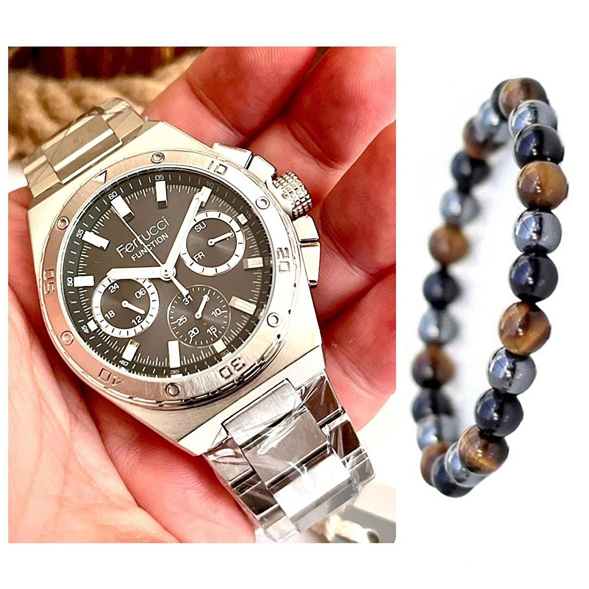 Ferrucci Spor Model Fonksiyonlu Çelik Erkek Kol Saati+Bileklik Hediye