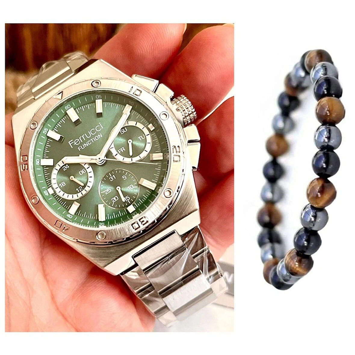 Ferrucci Spor Model Fonksiyonlu Çelik Erkek Kol Saati+Bileklik Hediye