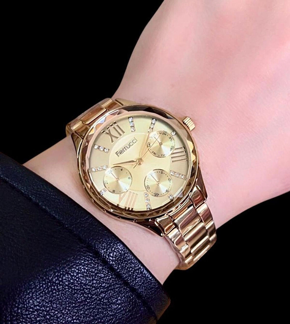Ferrucci Gold Renk Çelik Zirkon Taşlı Şık Model Kadın Kol Saat+Bileklik Hediye