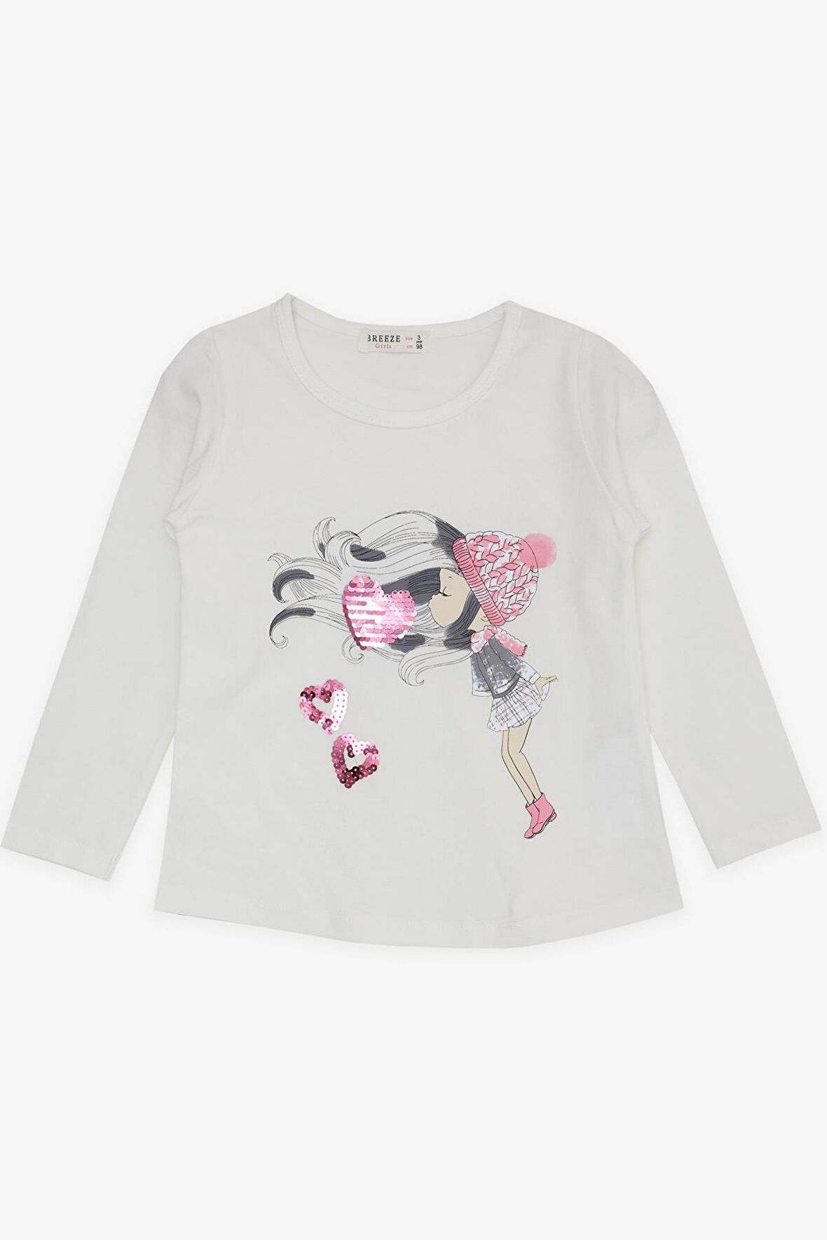 Breeze Kız Çocuk Uzun Kollu Tişört Pullu Kalp Baskılı 2-6 Yaş, Ekru